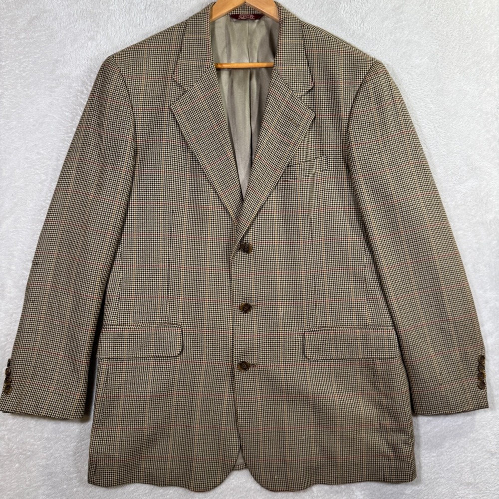 Vintage Corbin Mens 42L Blazer Jacket Beige 3btn Houndstooth Check Preppy Casual